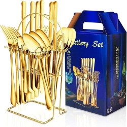 24 Piece Stainless Steel Cutlery Set, Gold with Hanging Rack Caddy 24 Piece Stainless Steel Cutlery Set, Gold with Hanging Rack Caddy