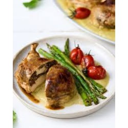 Chicken Supreme with a Mediterranean filling and pesto cream