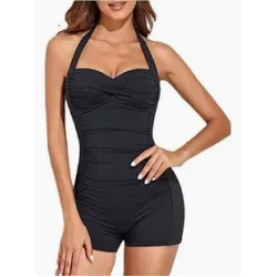 Women One Piece Ruched Swimsuit Tummy Control Retro Halter Boyleg Swimwear